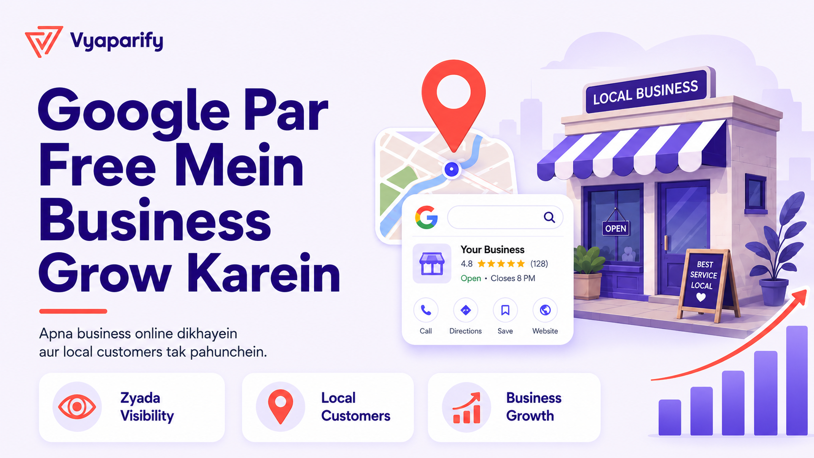 Vyaparify cover image showing a local business storefront, Google-style business listing, map pin, and rising growth chart, illustrating how businesses can gain free online visibility and reach nearby customers.