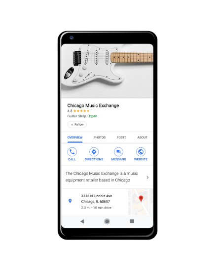 Google Business Profile listing on a smartphone, showing ratings, hours, and contact options.