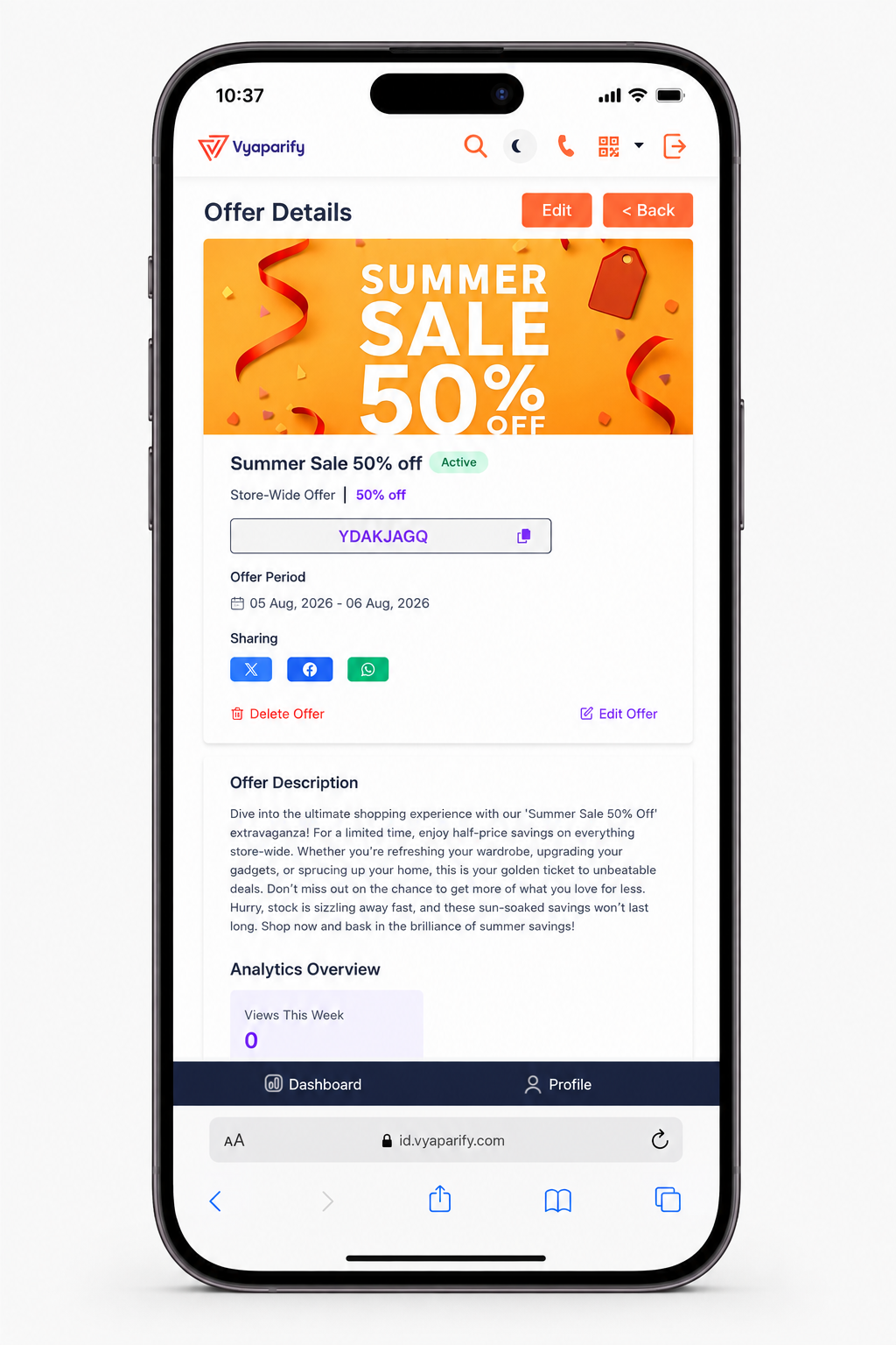 Phone showing a fully made offer with image, coupon code, description and discount.