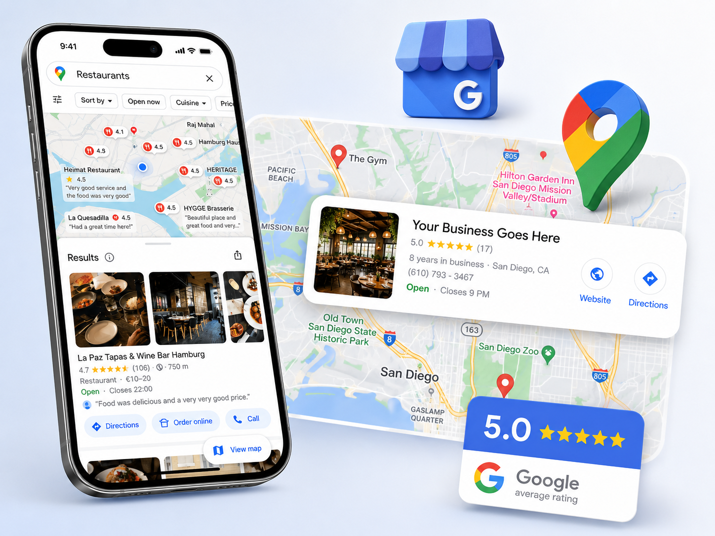 Google Maps business listing mockup featuring a smartphone with restaurant search results, a city map with location pins, a business profile card, Google Business icon, Maps pin, and a 5-star rating badge.