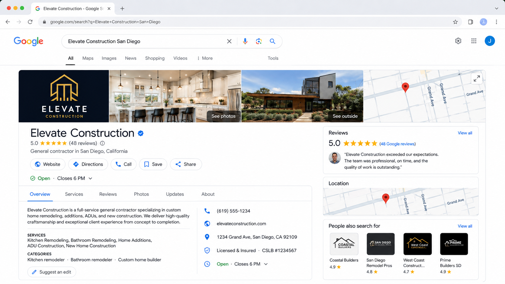 Desktop view of a Google Business Profile showing business photos, map location, 5-star reviews, services, contact details, opening hours, and nearby contractors.