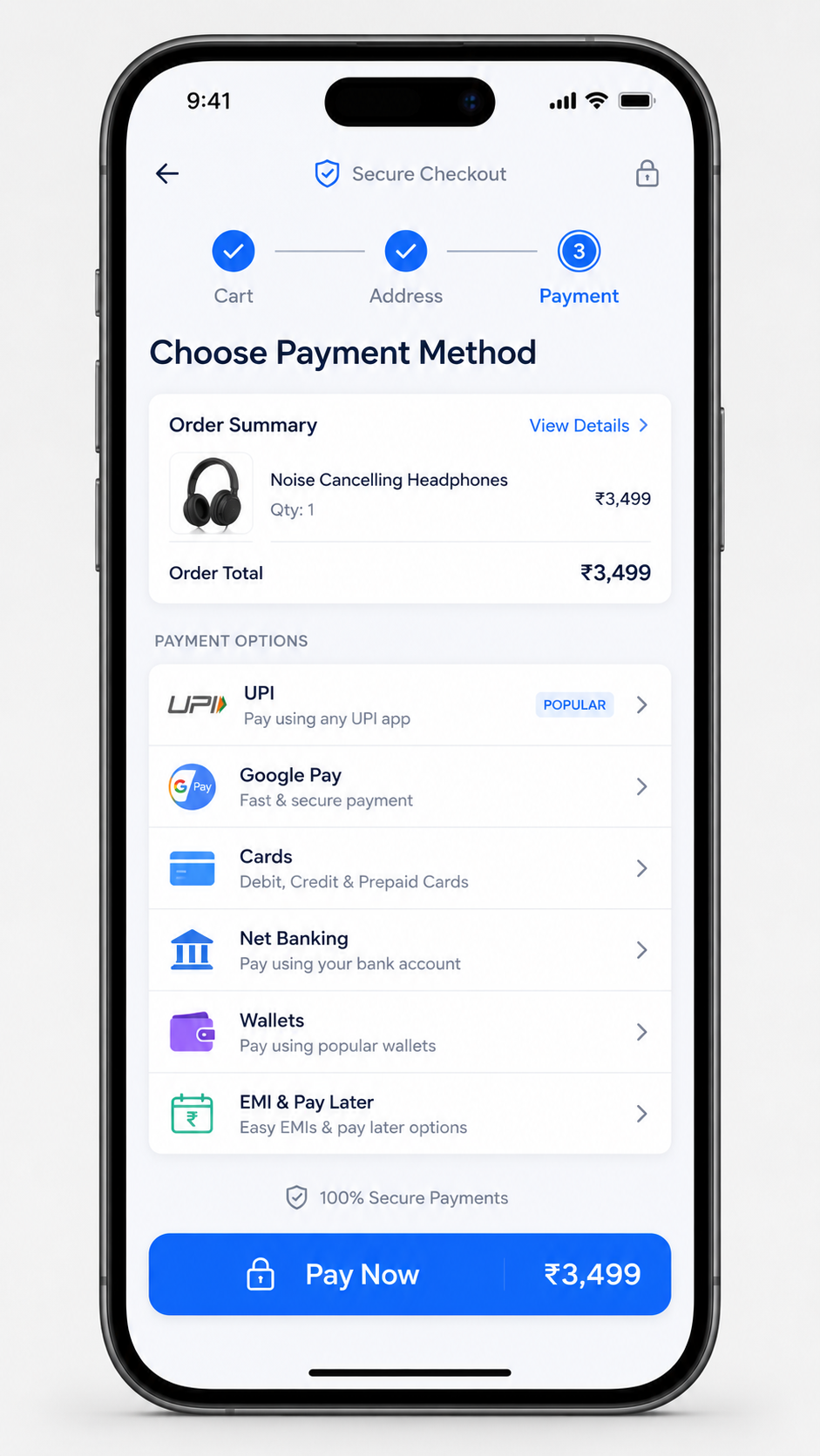 Mobile checkout screen showing payment options including UPI, Google Pay, cards, net banking, wallets, and EMI/pay later, along with order summary and a secure Pay Now button.