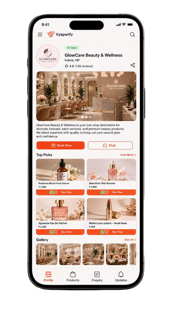 Beauty and wellness business website showcasing salon services, skincare products, cosmetics, product listings, gallery images, enquiry form, contact details, and online purchasing options.