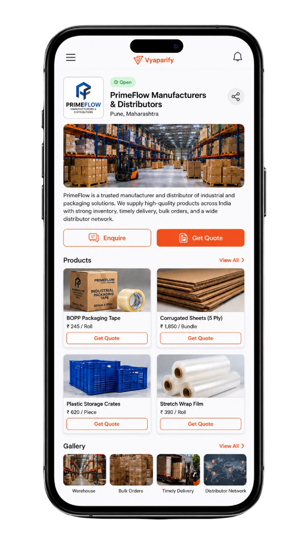 Vyaparify profile page showcasing industrial packaging products, warehouse gallery, enquiry form, and business location details.