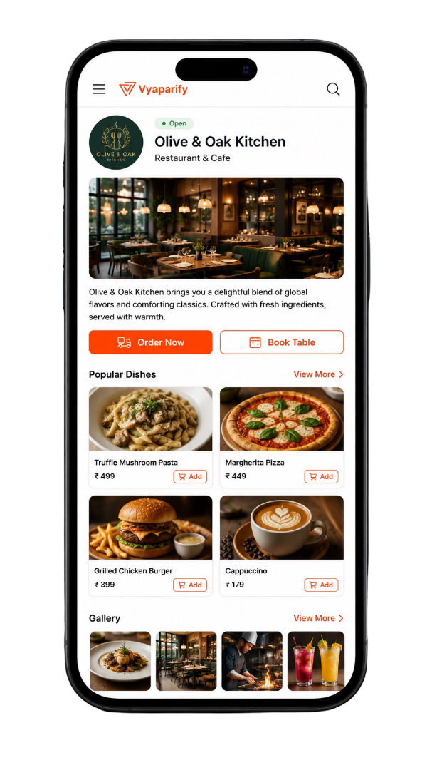 Restaurant and cafe mobile website mockup displayed inside a smartphone frame, featuring a dining space hero image, order and table booking buttons, popular dishes, food product cards, and a gallery of restaurant visuals.