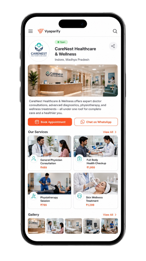 Hospital and wellness centre mobile website mockup displayed inside a smartphone frame, featuring a modern reception area, appointment booking, doctor consultation, health checkup, physiotherapy, skin wellness services, and a clinic gallery.