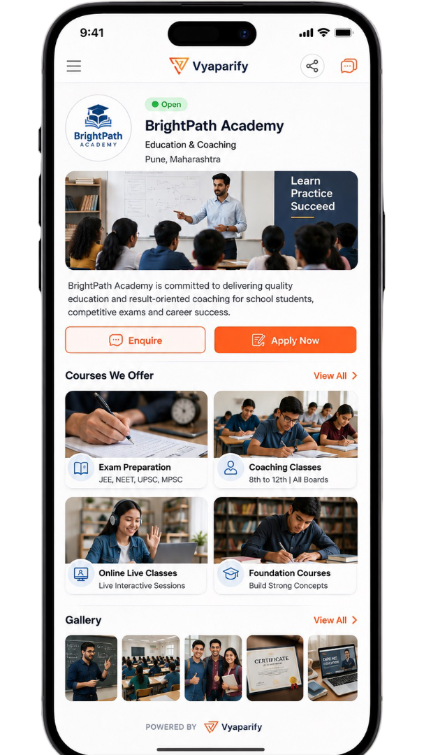 Education and coaching mobile website mockup displayed inside a smartphone frame, featuring classroom learning, exam preparation, coaching classes, online live sessions, foundation courses, student activities, certificates, and an education gallery.