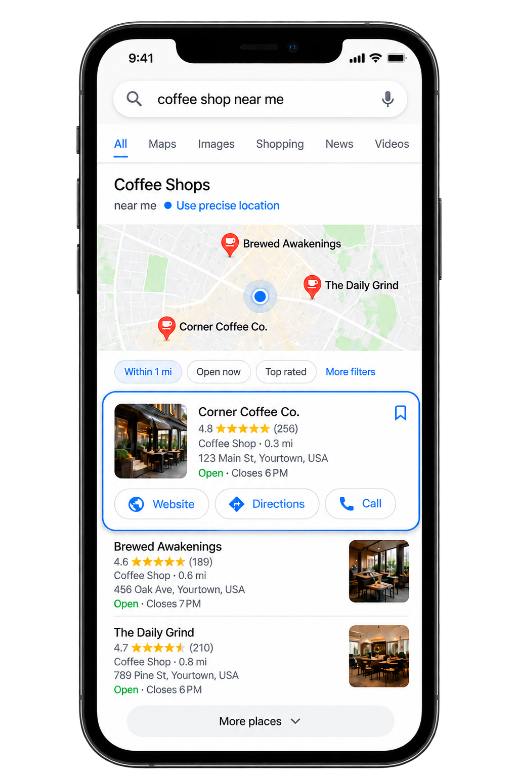 Mobile phone displaying local business search results on Google Maps with nearby coffee shop listings, map pins, ratings, directions, and call options, representing local SEO visibility